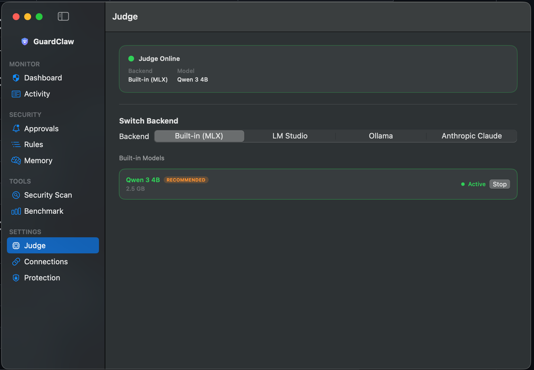 Judge backend settings with built-in MLX model