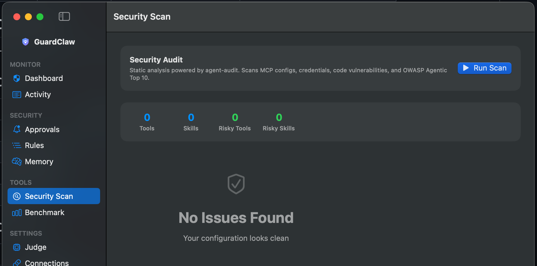 Security Scan page showing clean scan state